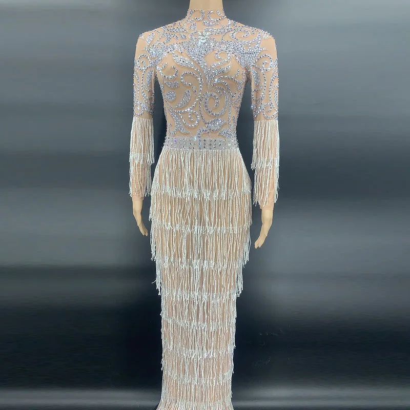 Luxury Rhinestone Chains Transparent Evening Dress Long Women Birthday Celebrate Sexy Tassels Dress Party Set Outfit