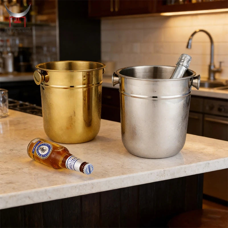 Factory Direct Sales Double Insulated Metal champagne Beer Bucket Stainless Steel Ice Bucket with Handle
