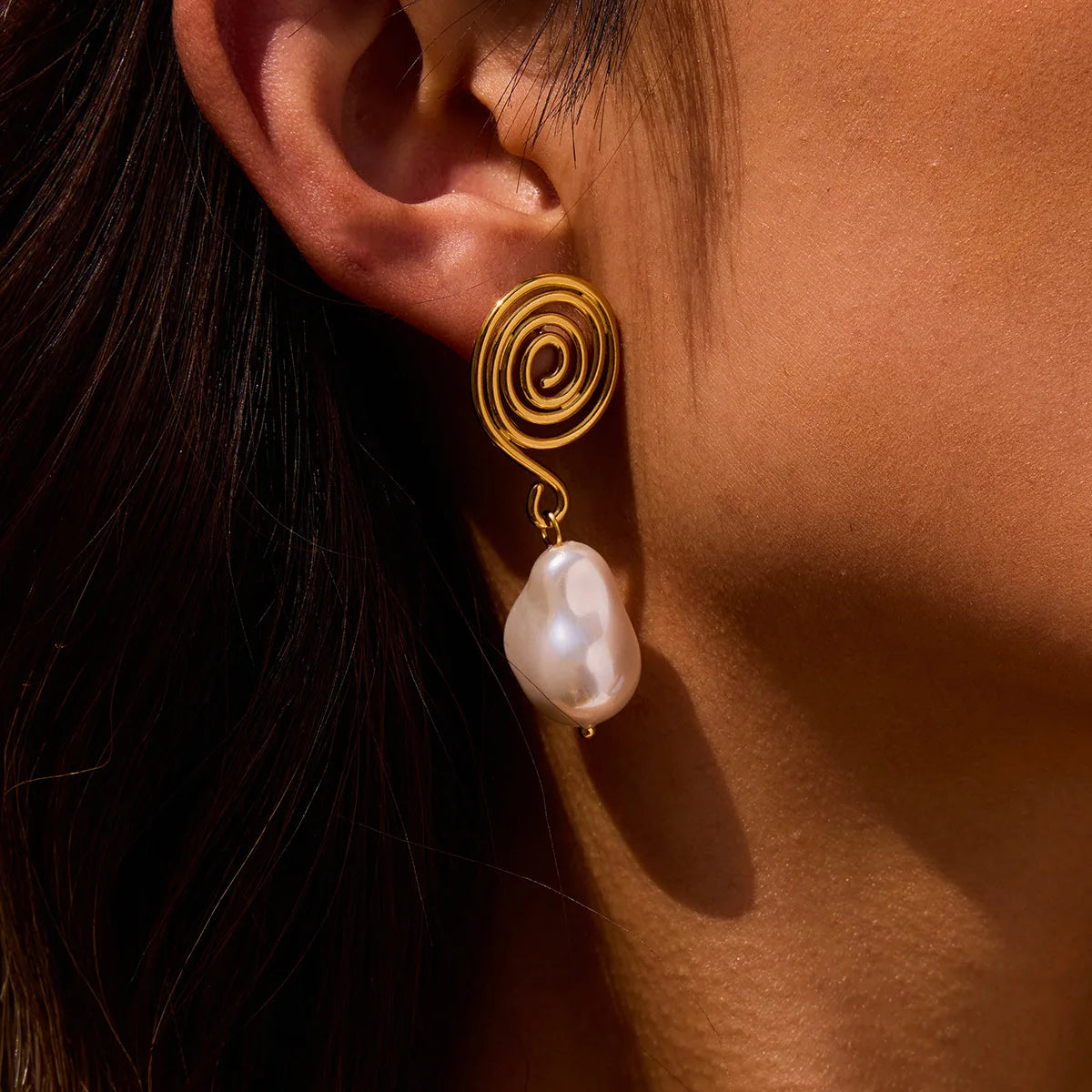 New Tarnish Free Chunky Stainless Steel 18k Gold Plated Fashion Jewelry Pearl Earrings