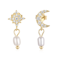 Wholesale Fashion Jewelry 925 Sterling Silver Star Moon Small Zircon Dangling Pearl Gold Plated Stud Earring Jewelry for Women