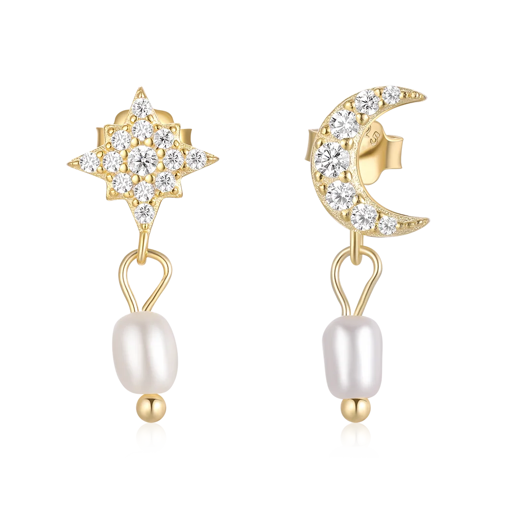 Wholesale Fashion Jewelry 925 Sterling Silver Star Moon Small Zircon Dangling Pearl Gold Plated Stud Earring Jewelry for Women