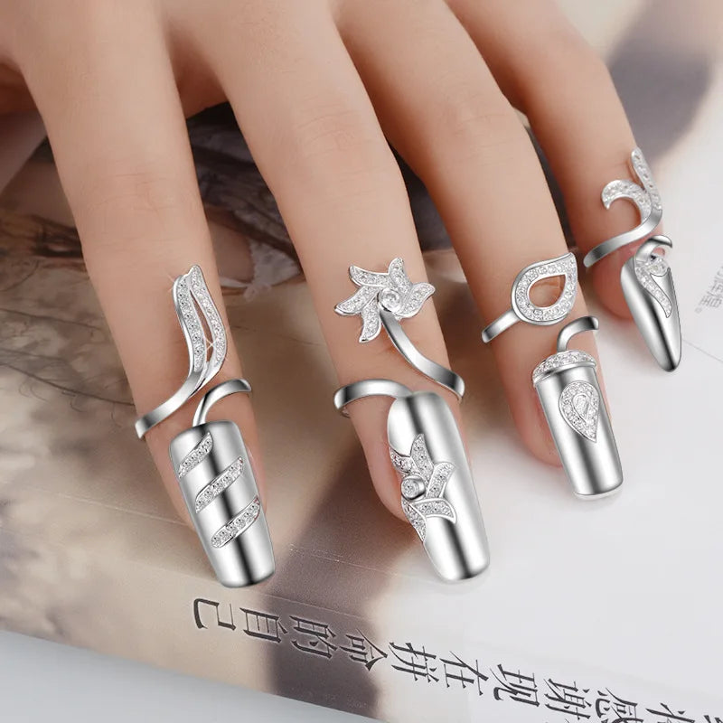 Flower Luxury Nail Ring Finger Jewelry for Women AAA Zircon Ins Fingertip Exquisite Opening Adjustable Glitter Nail Tips