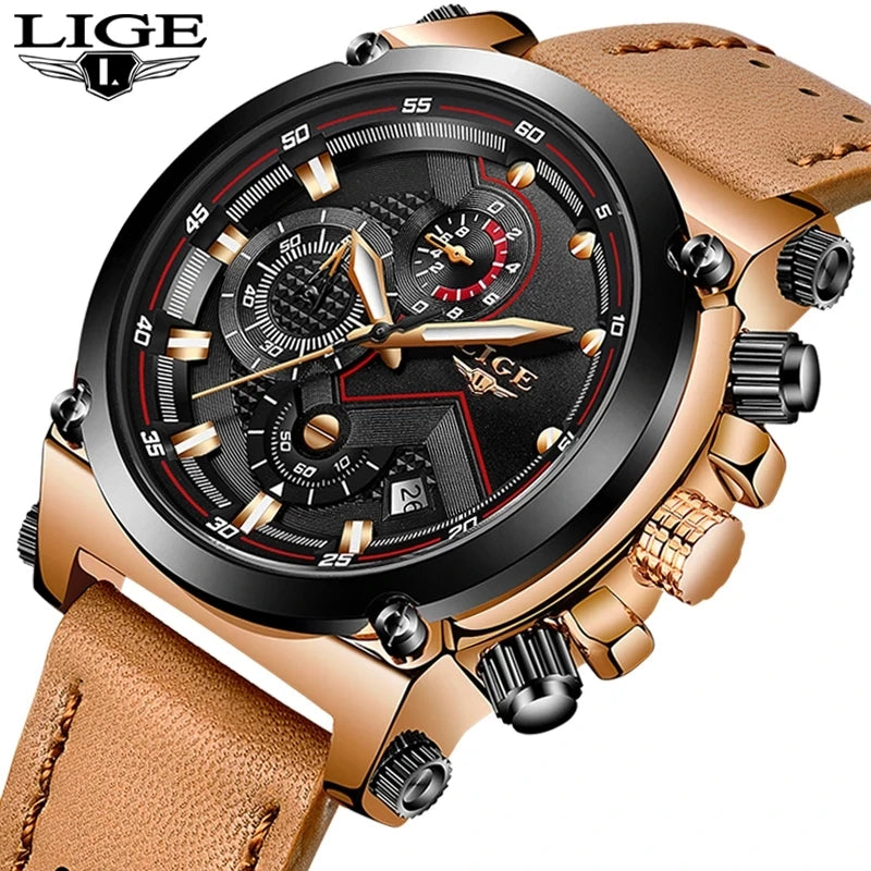 LIGE 9856 Men Watch Male Leather Automatic Date Quartz Watches Mens Luxury New Waterproof Sport Clock Relogio Masculino