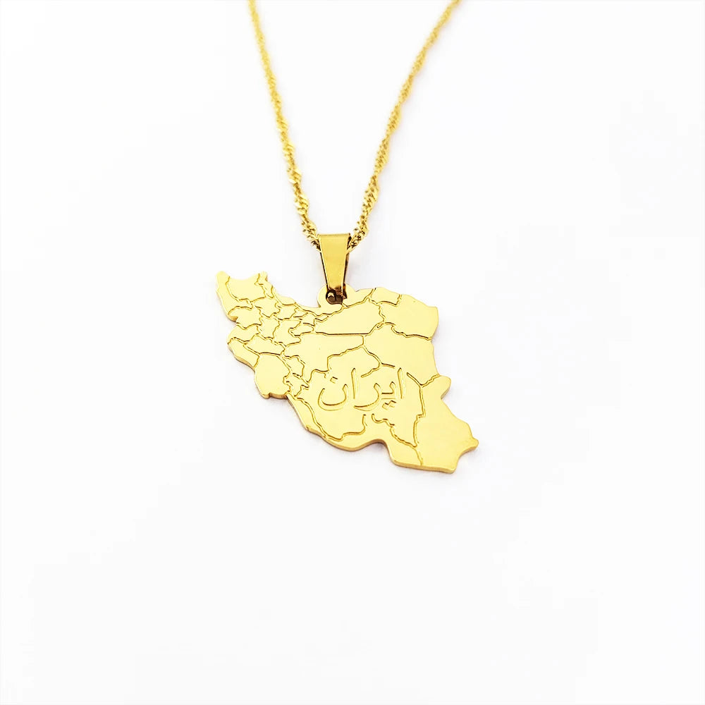 Iran Map Necklace Venta Al Por Mayor Colgante Cuchara Pendants Charms Iran Country Map Necklace 316L 18 K Gold Plated Jewelry
