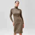 Elegant Women's Long Sleeve Turtleneck Sweater Dress Casual Winter Maxi Knit Dress with Natural Waist Simple Woolen Fabric