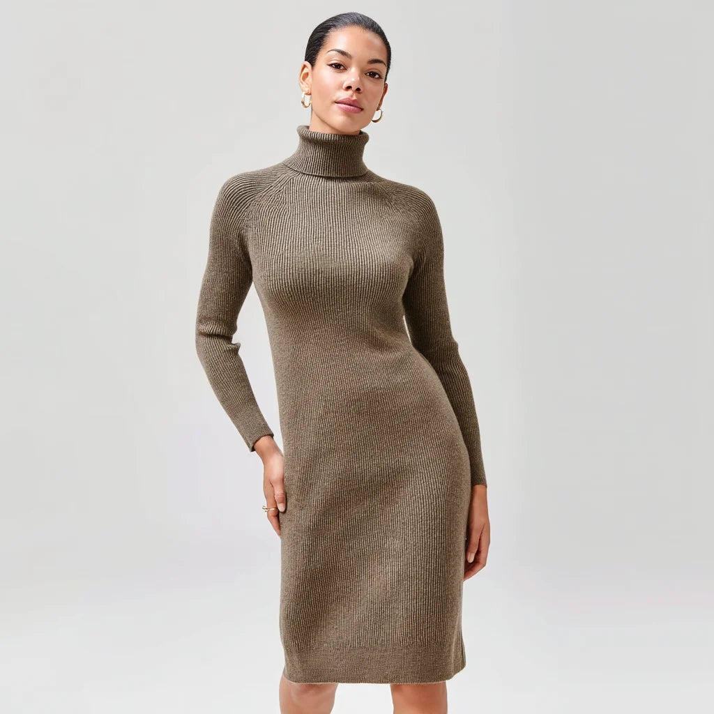 Elegant Women's Long Sleeve Turtleneck Sweater Dress Casual Winter Maxi Knit Dress with Natural Waist Simple Woolen Fabric