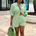 2023 Autumn New Tie up Long Sleeve Two Piece Printed Shorts Casual Women Suit