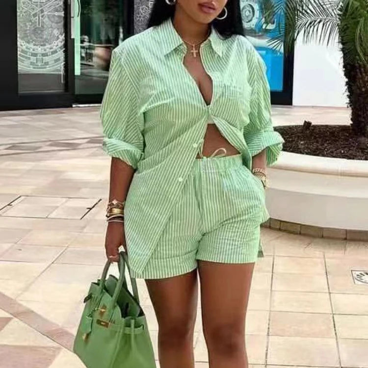 2023 Autumn New Tie up Long Sleeve Two Piece Printed Shorts Casual Women Suit