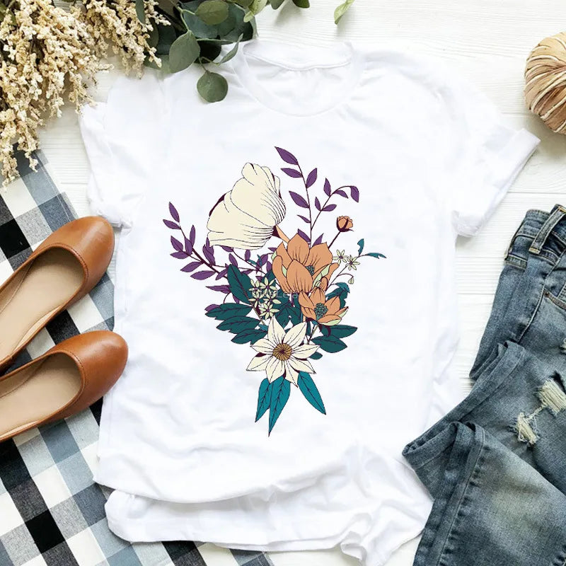 Women Casual Harajuku Fashion Floral T-shirt Print Loose O-neck Short Sleeve Elastic Stretched T Shirt Women Oversized Tops Tee