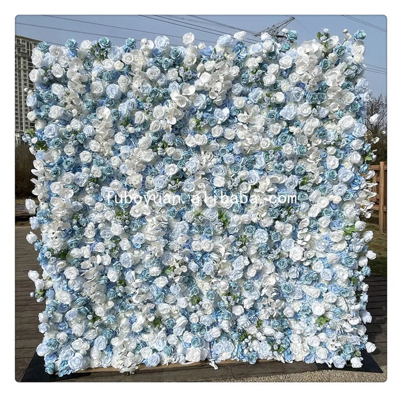S07 Wedding Hotel Salon Decor 3D Background Flowerwall Backdrop Panel Blue Artificial Silk Rose Flower Wall for Sale Rental