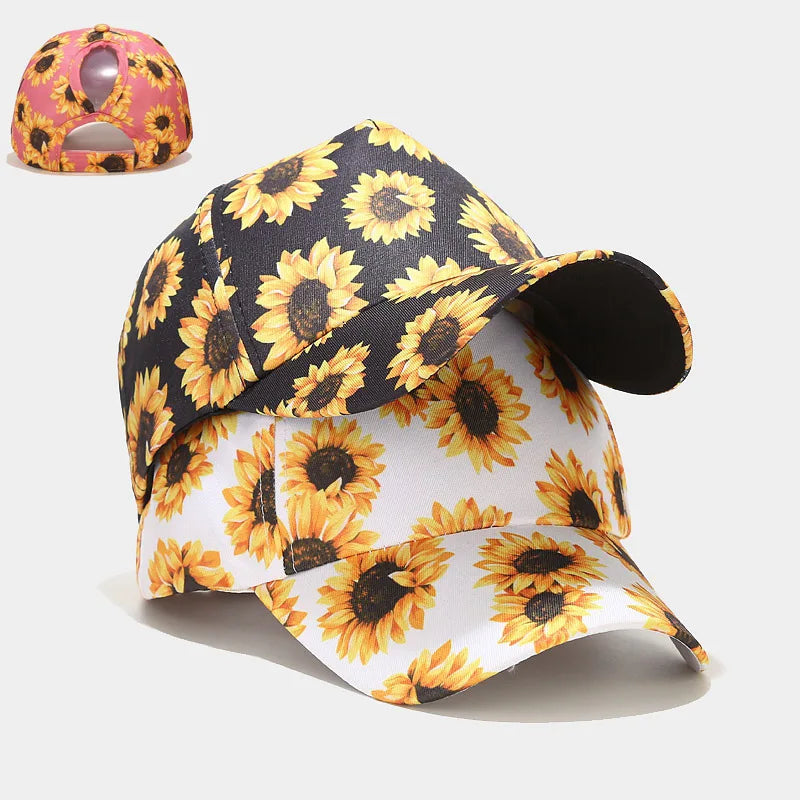 Wholesale Instock Low MOQ OEM Hat Vendor Free Shipping Gorras Sunflower Printing Baseball Hat Ponytail Hat