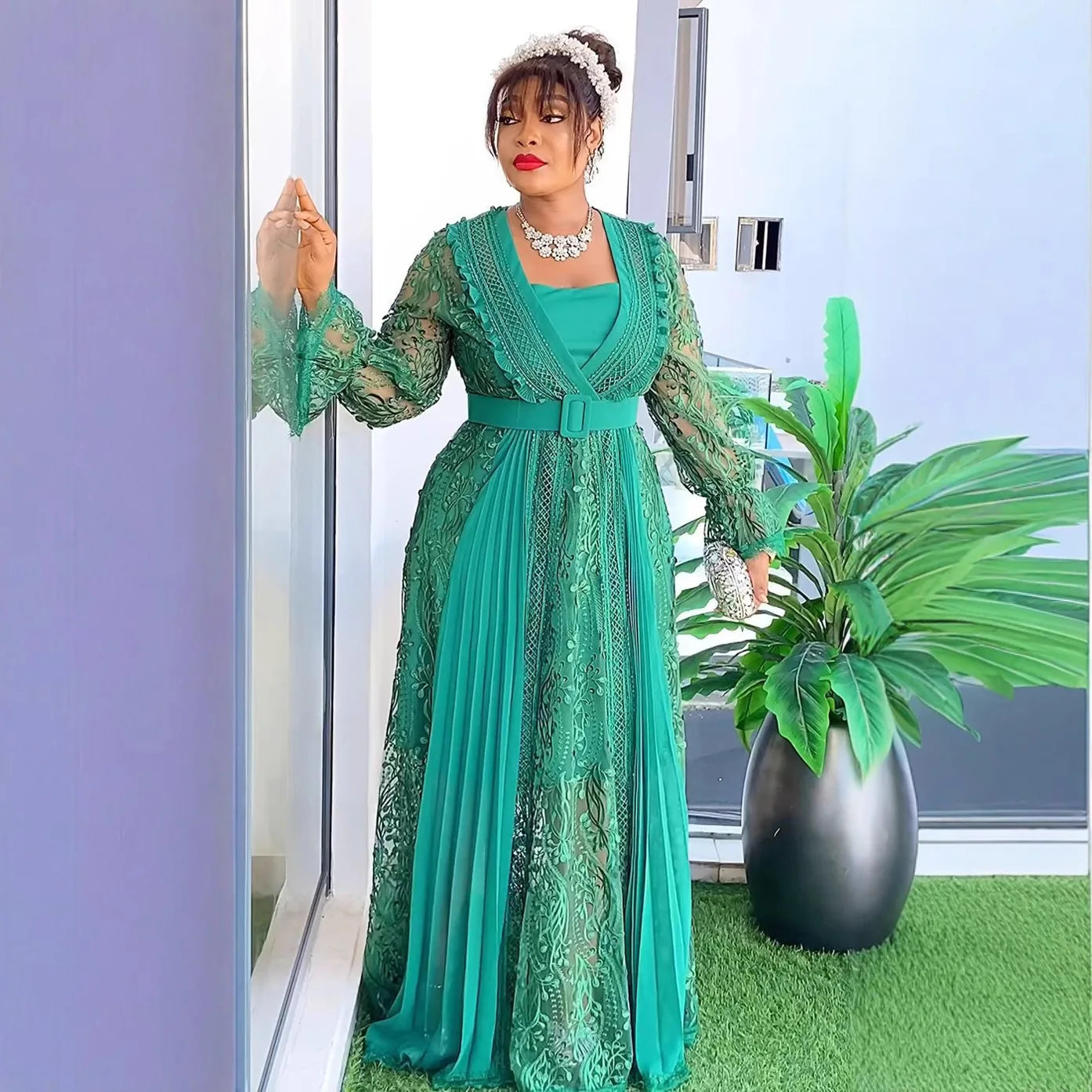 European and American Women Fashion Chiffon Casual Maxi Dress African Chiffon Floor Length Dresses Lace Long Sleeves Dresses