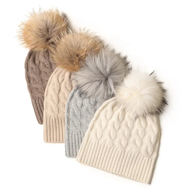 Cheap Winter Hat Women fox Fur Pom Pom Cable Knit Cashmere Ny Beanie Custom logo Luxury Fashion Soft Caps