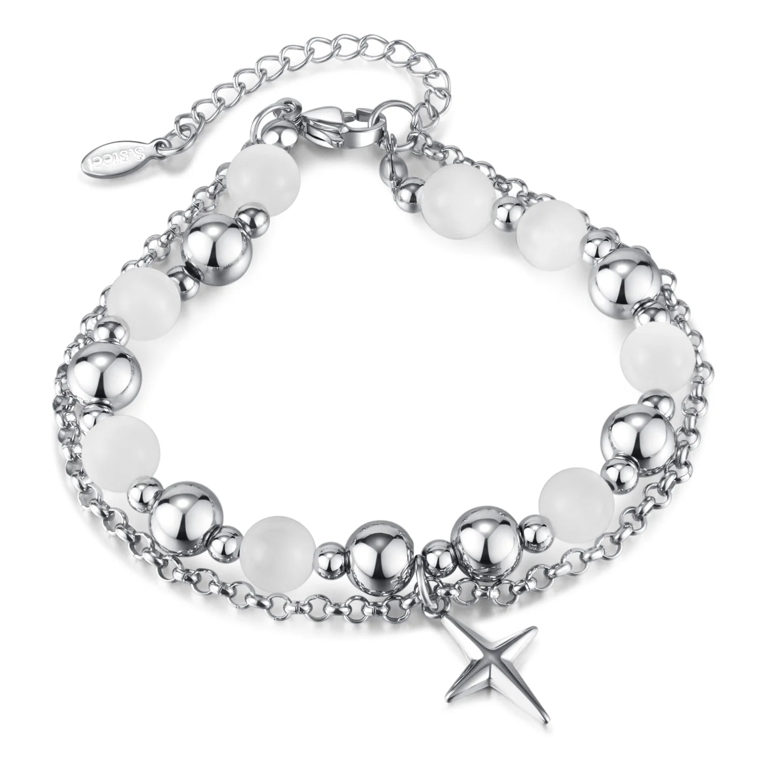 Wholesale Fashion Luxury Minimalism Cat Eye Stone Beaded Bangle Charm Star Stainless Steel Jewelry Bracelet for Unisex