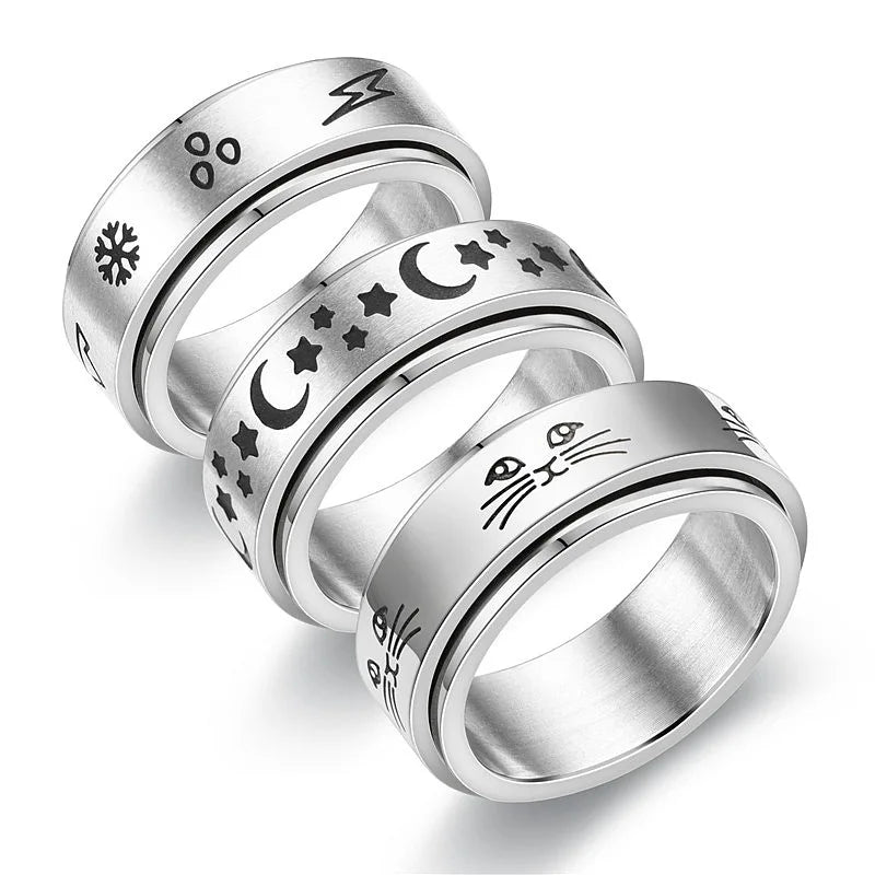 Rotatable Stress Relieving Anxiety Ring Silver Fidget Rings 8mm Star Moon Matching Chunky Spinner Stainless Steel Rings for Men