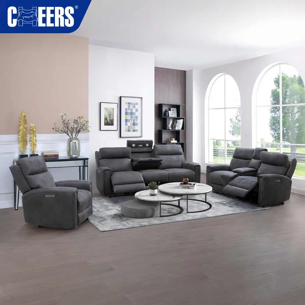 MANWAH CHEERS Modern Black Fabric Power Headrest Extendable Reclining Three Seat Living Room Sofa Recliner Sofa Set