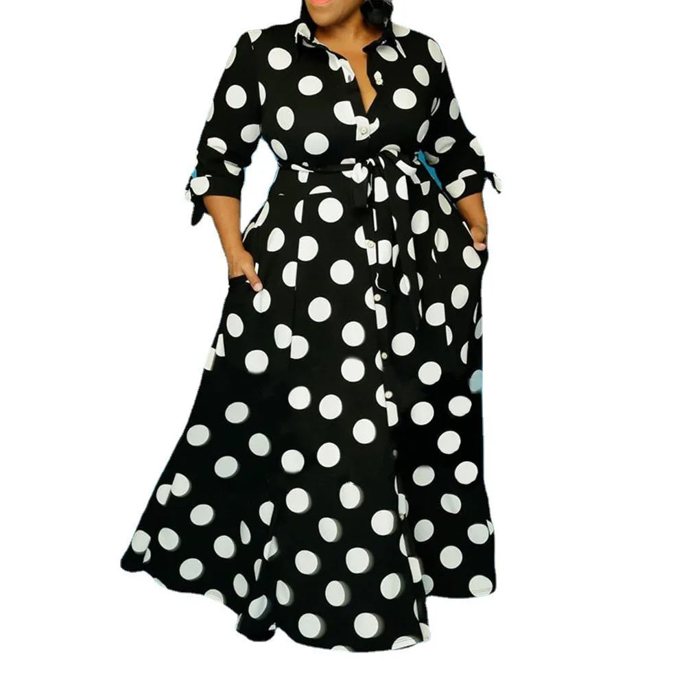 Latest Summer Elegant Plus Size Women's Dresses Loose Dot Wholesale Maxi Dress Front Buttons With Belt Plus Size Dresses 2021