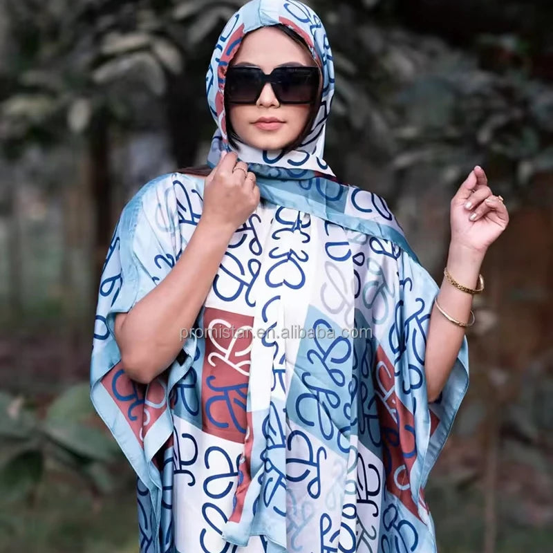 PROMISTAR Customizable Women's African Dress Breathable Polyester Two-Piece Kaftan Set Printed Robe Headscarf Fashionable Design