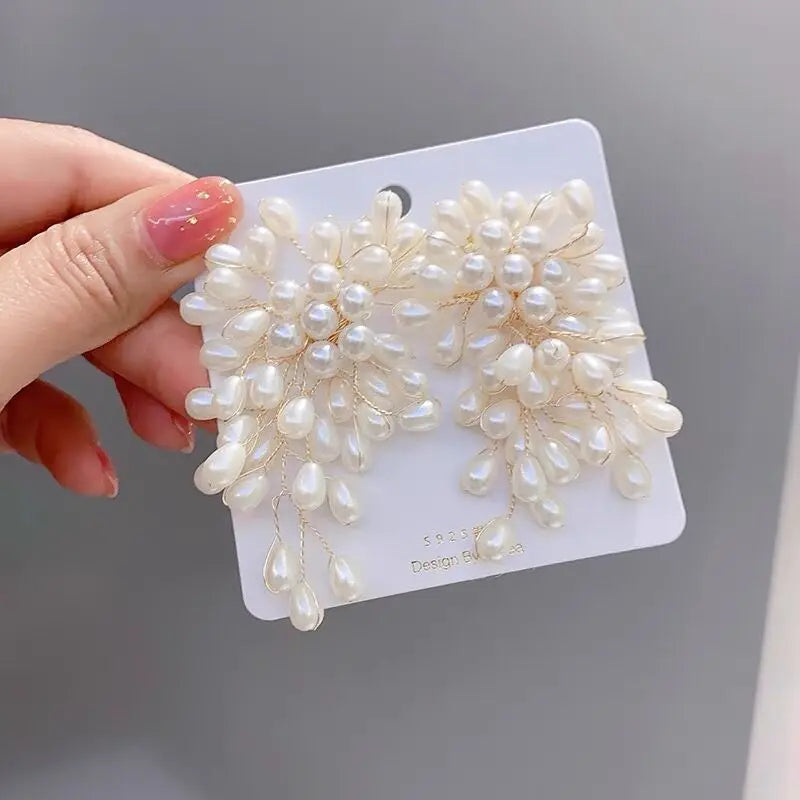 New Sweet Pearls Hand Beaded Pearl Flower Earrings Wedding Bridal Dress Drop Earrings Accessories
