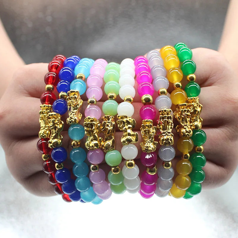 Fashion Colorful Glass Beads Jade Pi Yao Dragon Wealth Health Bracelet 18k Gold Plated Pi Xiu Feng Shui Bracelets Jewelry