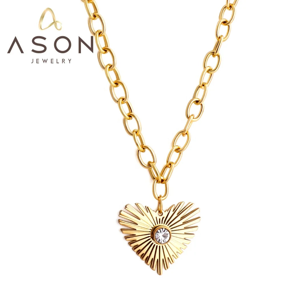 Ason Trendy Gold Shining Sun Heart Charm Necklace Zircon Stainless Steel 18k Gold Plated Bohemian Sparkling Sunburst Necklace