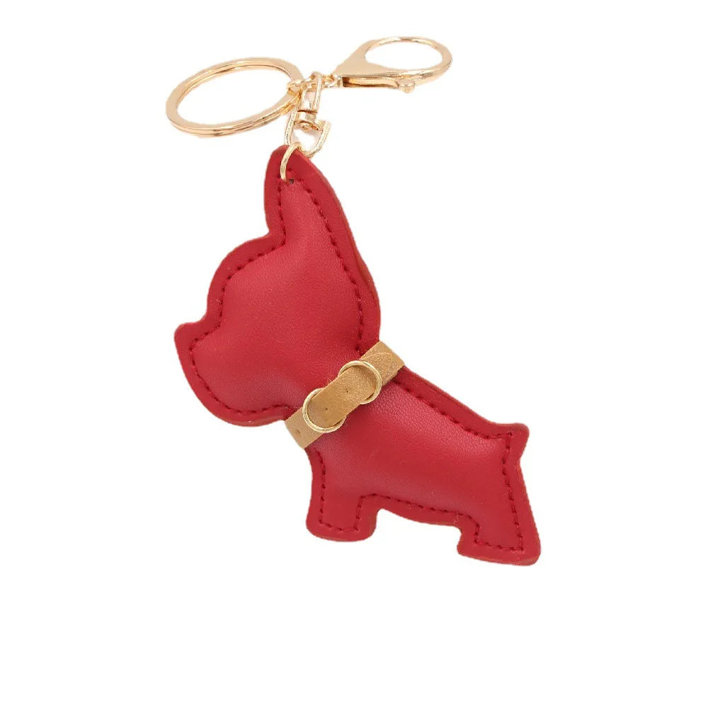 PU Leather Bull Dog Keychain Bag Charms Metal Keyring Holder Cartoon Animal Puppy Key Chain Women Bag Jewelry Car Key Ring