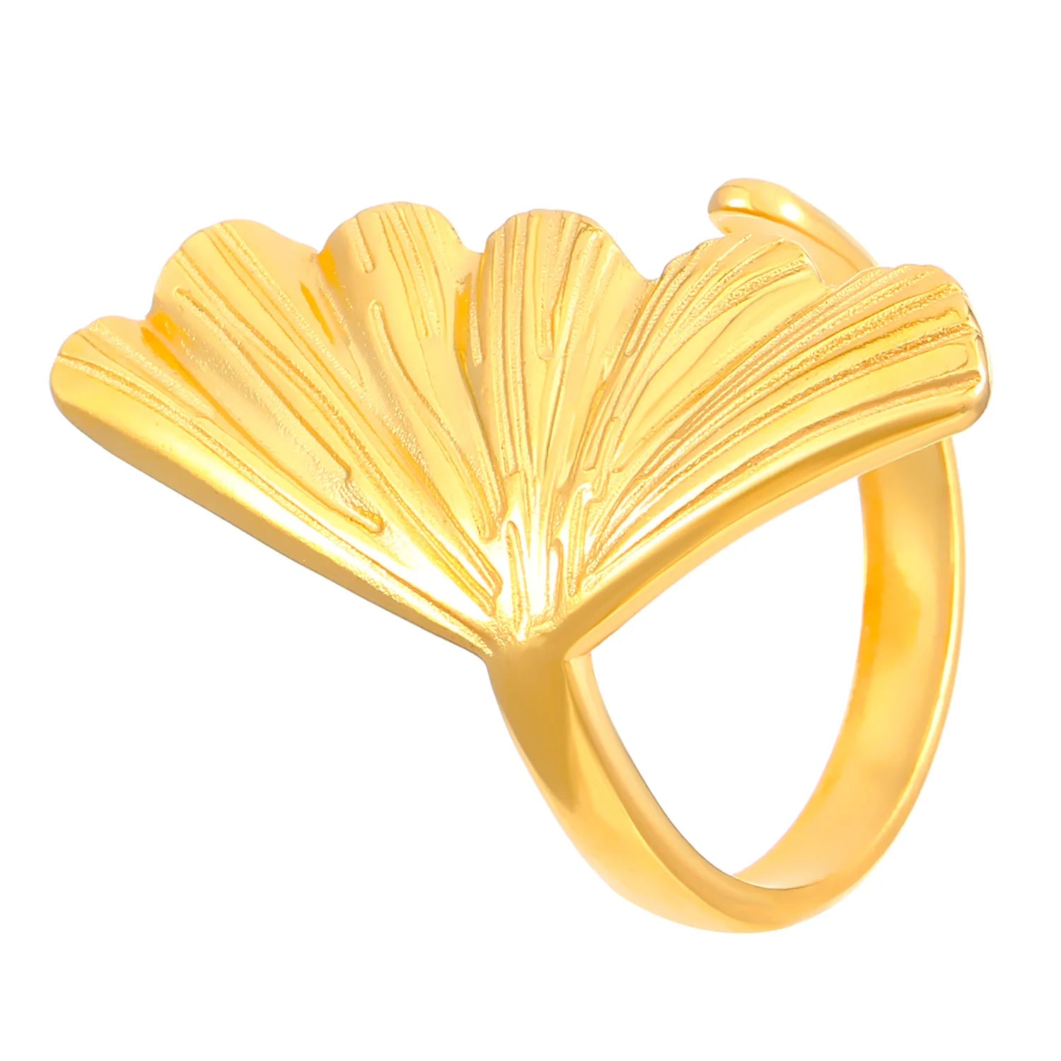 Princess Cut 18K Gold & Stainless Steel Ginkgo Leaf Open End Women's Ring Gemstone Gemstone Rings