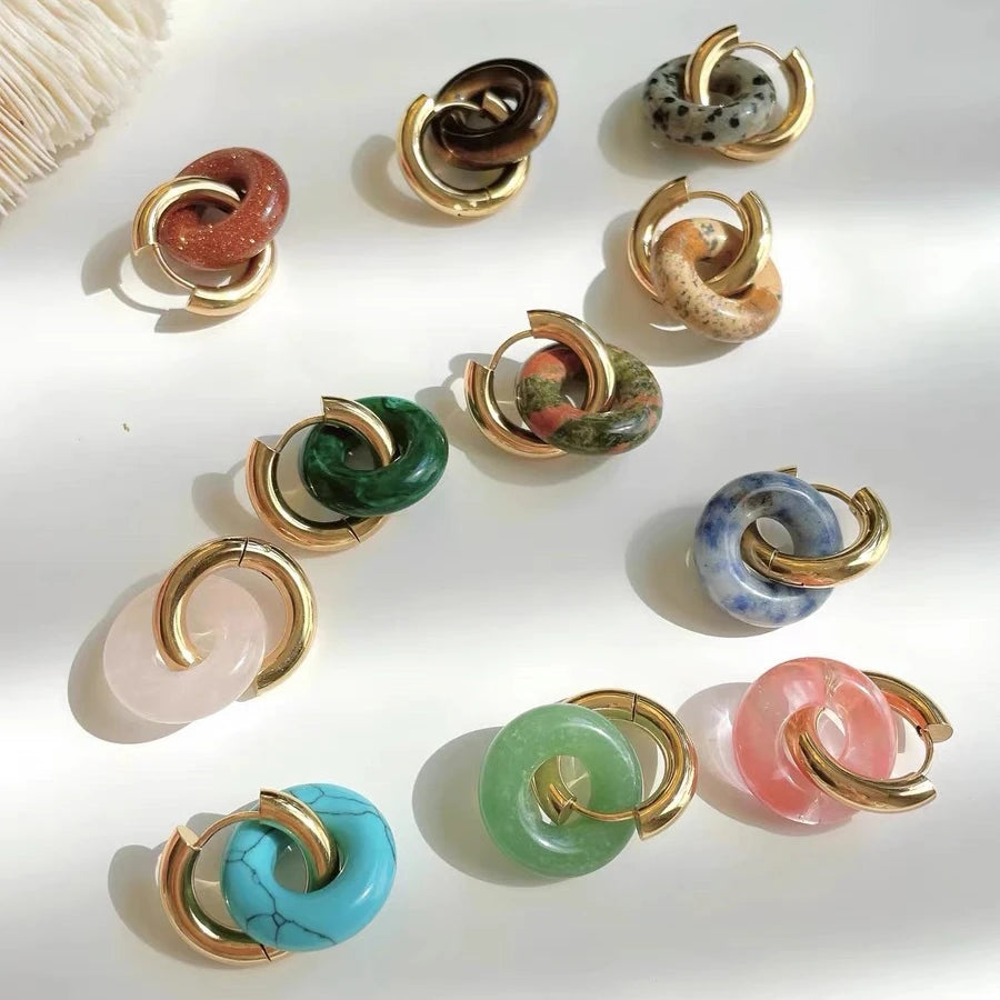 Natural Jasper Quartz Crystal Jade Hoops with Stainless Steel PVD Plating