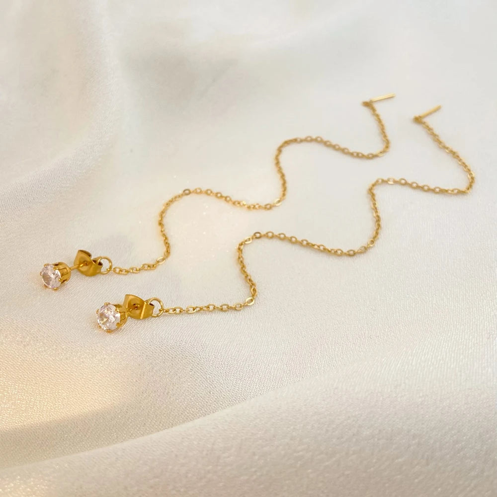 18K Gold-plated Stainless Steel Round Zircon studded Trendy Geometric Ear Line Fashion Jewelry 2025 Tassel Long