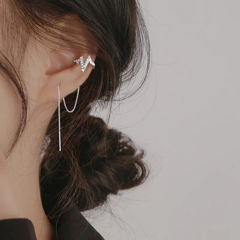 Long Tassel Ear Cuff Earrings for Women Heartbeat Shiny Rhinestones Ear Cuff Piercing Earring Wave Ear Clip Earrings Jewelry