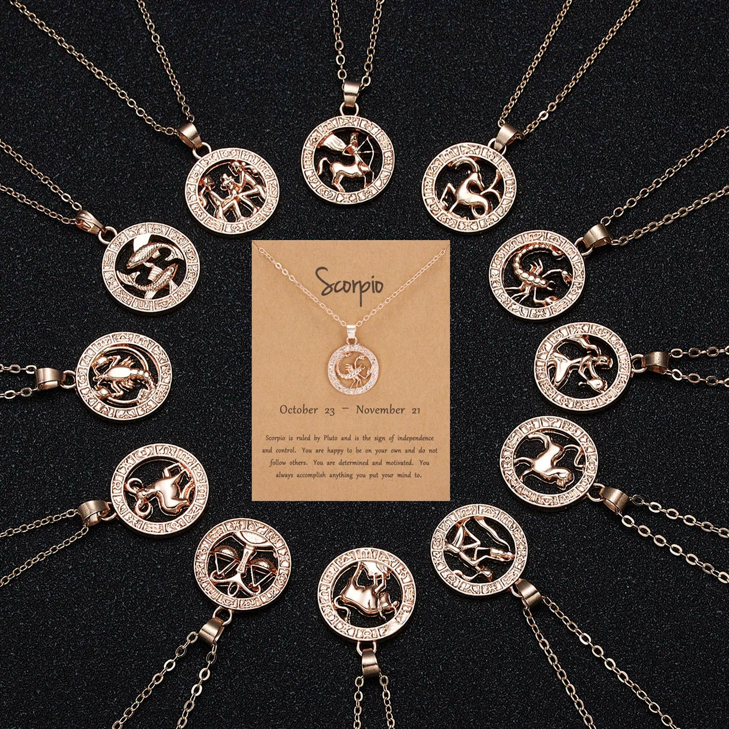 Rose Gold Plated Zodiac Necklace Chain Round 12 Horoscope With Card Pendant Zodiac Sign Jewelry for Women