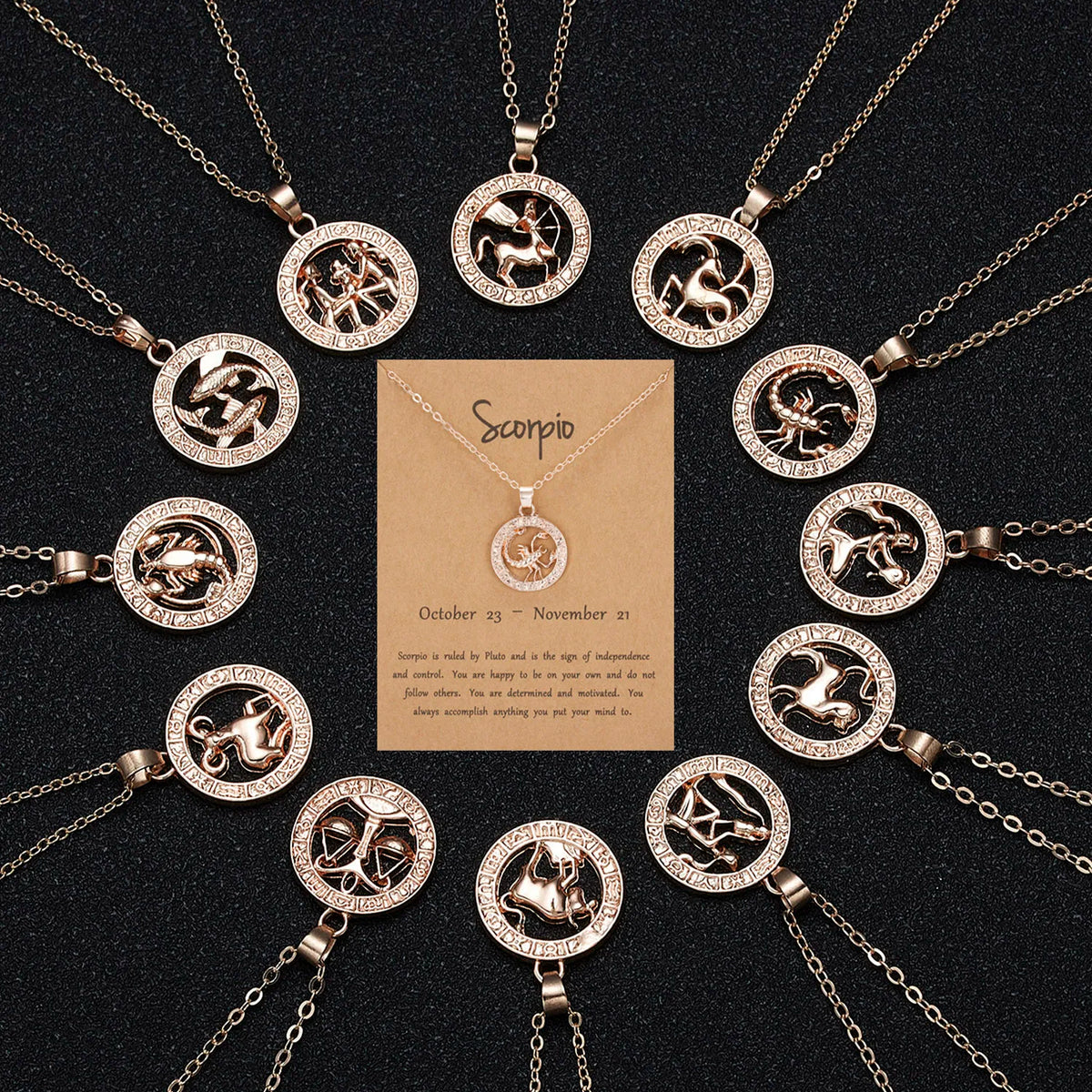 Rose Gold Plated Zodiac Necklace Chain Round 12 Horoscope With Card Pendant Zodiac Sign Jewelry for Women MegaBDM