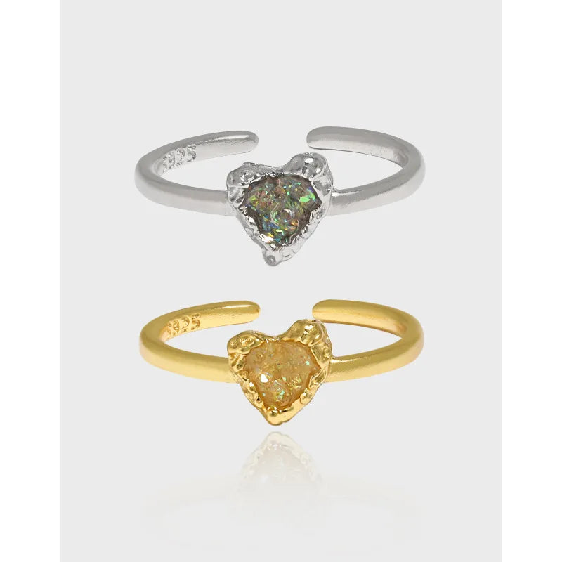 Original Irregular Heart-Shaped Drop Glaze S925 Sterling Silver Opening Ring 18K Gold Plated Heart Ring