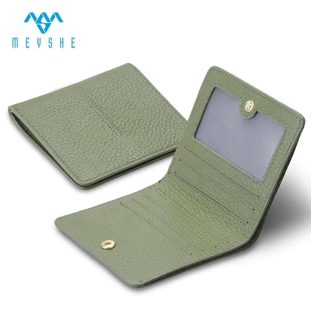 Genuine Leather Bifold ID Card Holder Wallet Women Simple Slim Design Button Closure Functional RFID Logo Thread Cash Decks