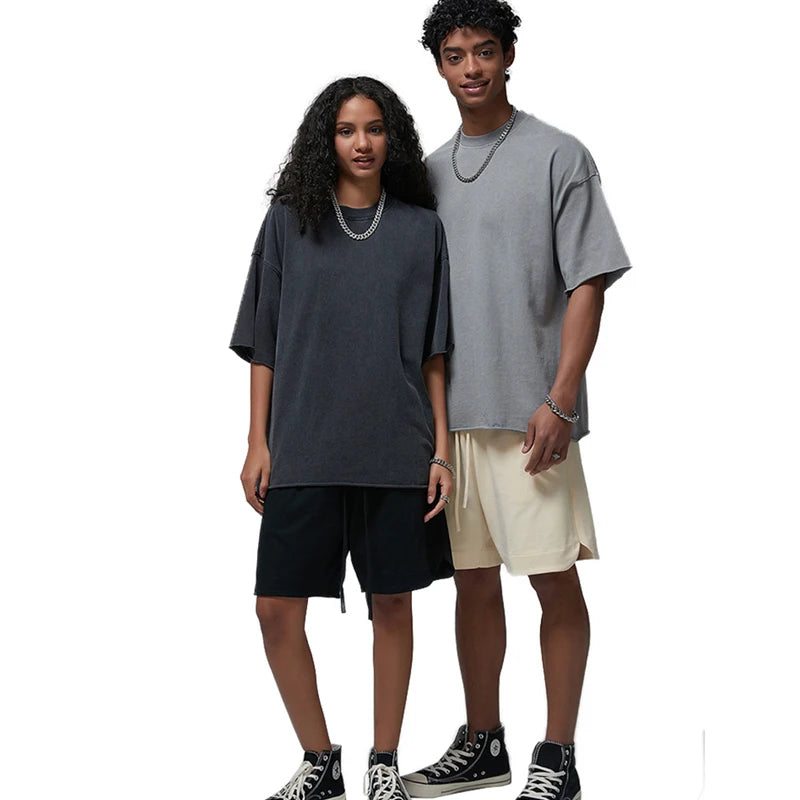 High Quality Heavyweight 100% Cotton Crew Neck Vintage Washed T-shirts Custom Logo Oversized Raw Hem 260 Grams Blank Solid