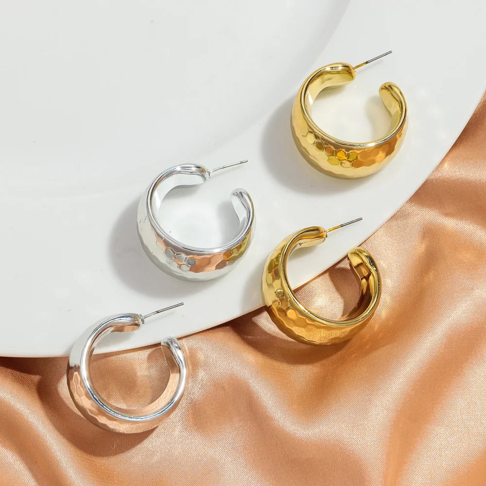 Fashion Luxury Gold Silver Plated Irregular Wide Texture Punk C Shape Stud Earrings for Women