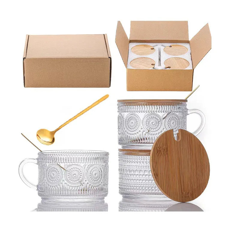 Embossed Vintage 14oz Clear Glass Coffee Mug Breakfast Oats Containers Iced Coffee Glasses with Bamboo Lid and Spoon