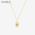 VIANRLA 925 Sterling Silver Green Zircon Oval Shape Pendant Necklace Sun Pattern 18k Gold Plated Women Jewelry Gift Dropshipping