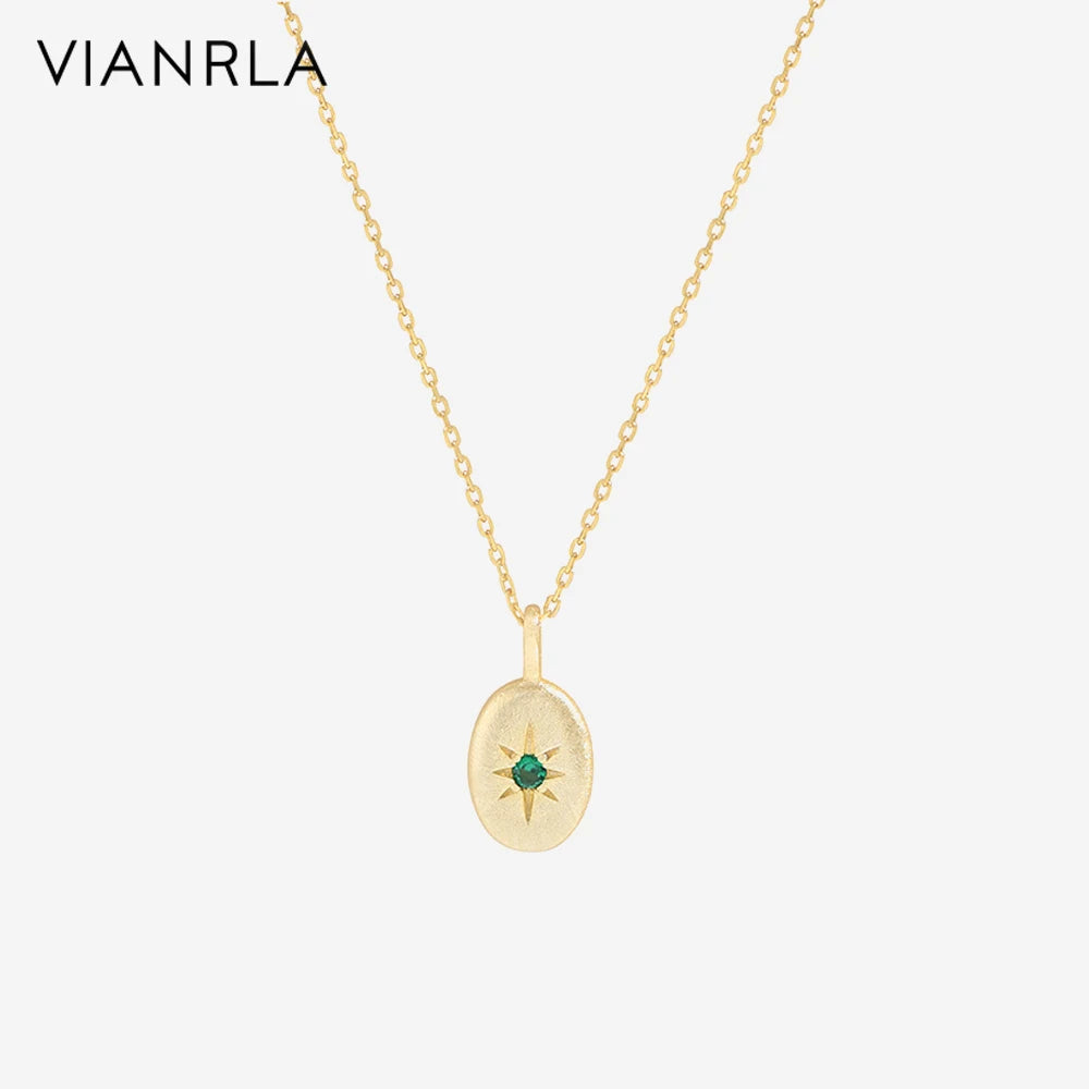 VIANRLA 925 Sterling Silver Green Zircon Oval Shape Pendant Necklace Sun Pattern 18k Gold Plated Women Jewelry Gift Dropshipping