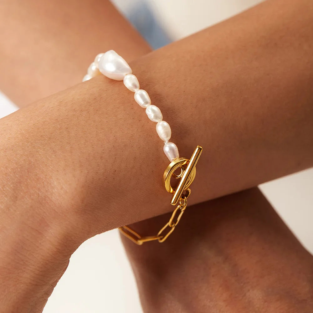 Fashion Charm Nature Freshwater Pearl Bracelets Women Stainless  Gold Bangle Fine Jewelry Bracelets & Bangles
