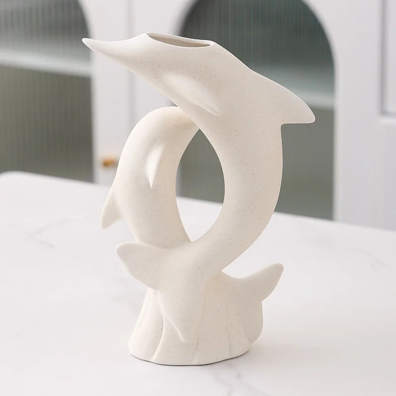 Modern Cream Ceramic Dolphin Vase High-End Scandinavian Design Tall Ornamental Decorative Accessory for Home Living Room Table
