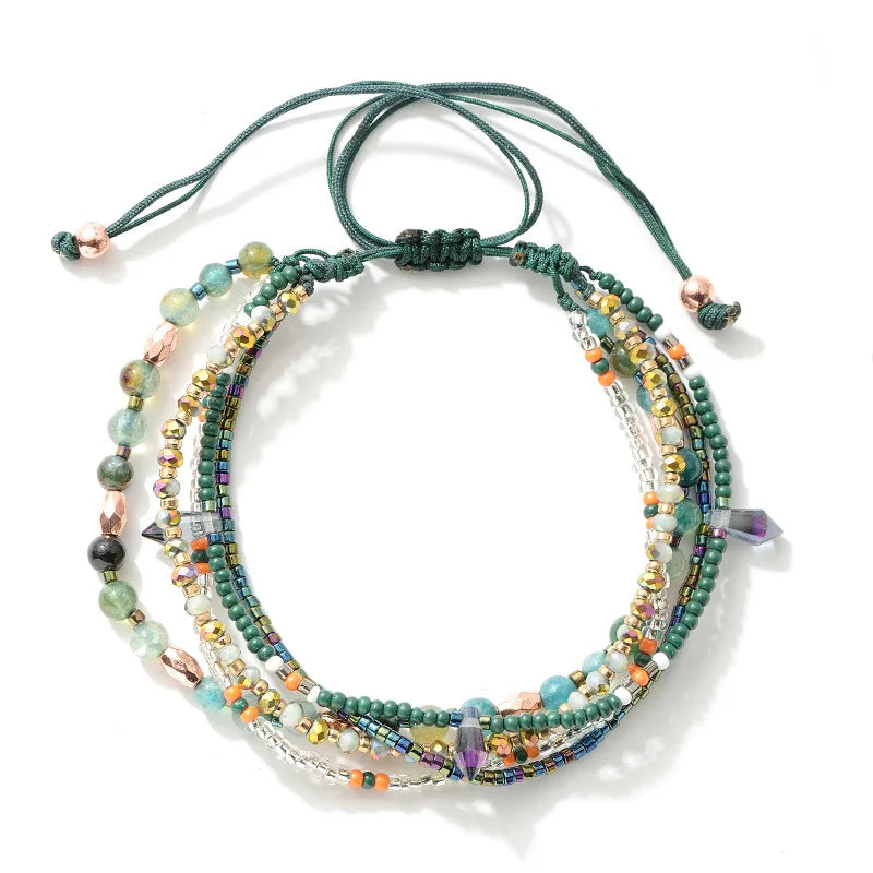 Bohemian Multi Layer Beaded Bracelet Handmade Braided Pull Cord Adjustable Stackable Women's Beach Vacation Ethnic Jewelry Gift