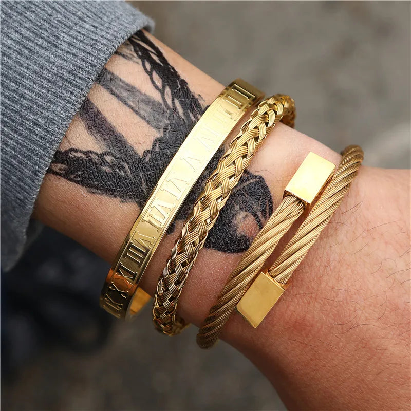 Retro Vintage Punk Style Titanium Steel Bracelet Set Roman Alphabet 18K Gold Silver Men's Braided Stainless Steel Open Bangle
