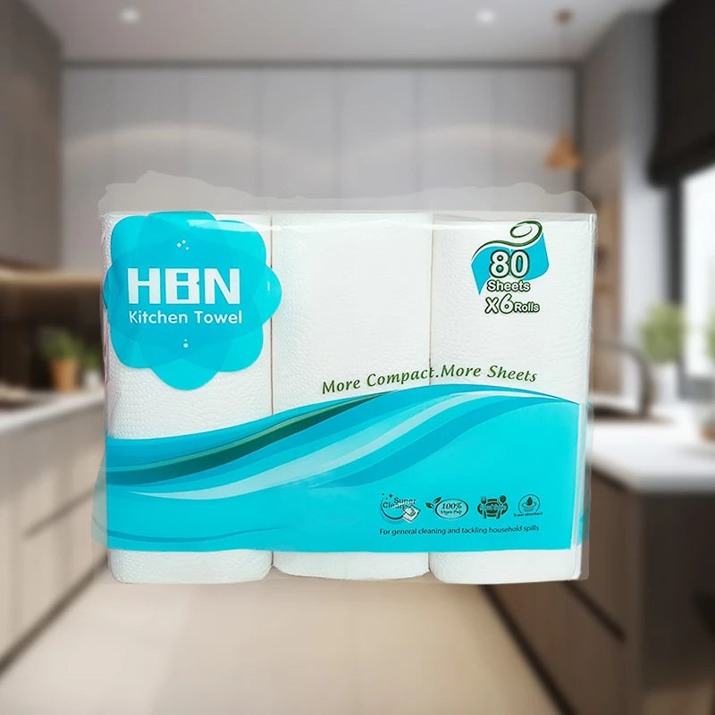 Kitchen 2-Ply Recycled Virgin Wood Pulp Paper Towel Roll Washable 6-Rolls/Bags for Home Cleaning