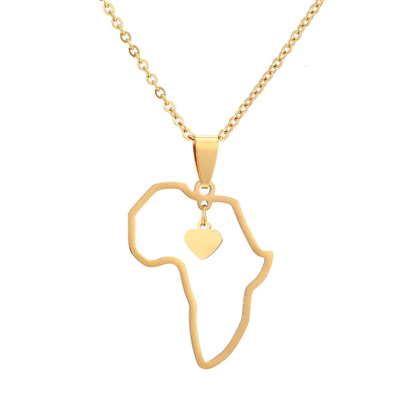 Hip Hop Gold Plated Hollow Map Africa Pendant Necklace Stainless Steel Jewelry for Men Women