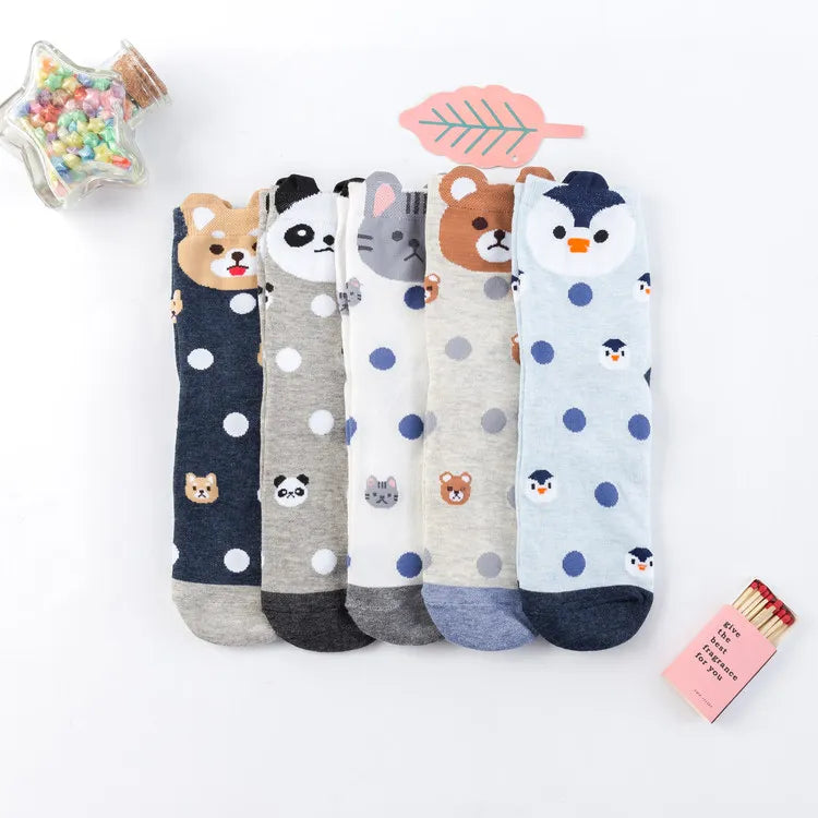 Wholesale Lady Fashion Dot Cartoon Face Penguin Panda Bear Cat Cotton Socks Girls Women Crew Socks