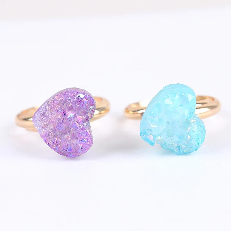 Natural Agate Heart-Shaped Titanium Coated Ring Adjustable Knuckle Finger Open Ring