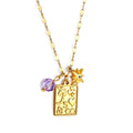 Waterproof 18K Gold Plated Stainless Steel Necklace with Purple Acrylic Octagram Zirconia Charm Lrectangle Pendant Link Chain