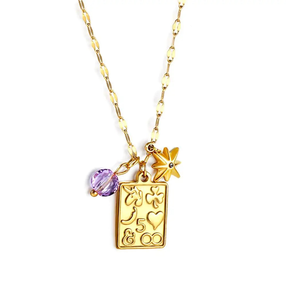 Waterproof 18K Gold Plated Stainless Steel Necklace with Purple Acrylic Octagram Zirconia Charm Lrectangle Pendant Link Chain