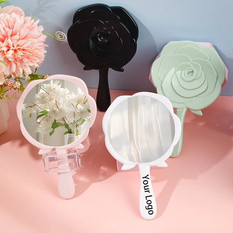 Zonyin High Quality Vintage Pink Rose Shape Hand Makeup Mirror Plastic Mini Handheld Cosmetic Mirror for Women Girl Travel